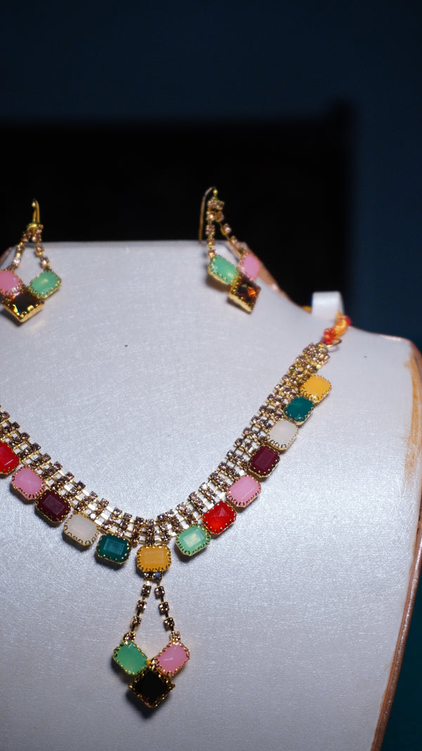 Colorful Geometric Multicolor Stone Studded Jewelery Set