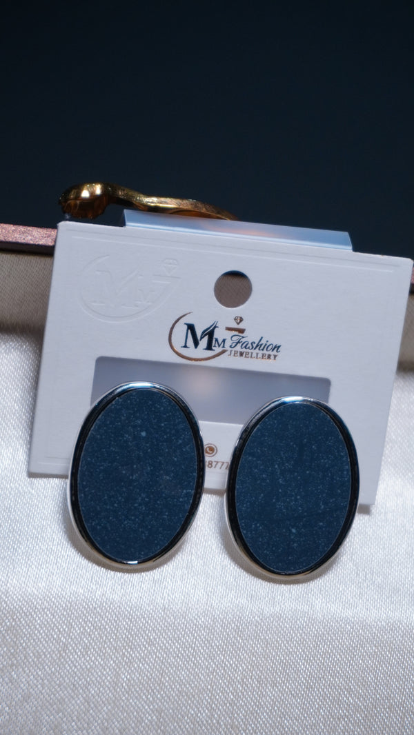 Black or very dark blue Earrings, central stone or enamel inlay, set within a silver-toned metal