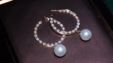 Large Gold Hoop earrings with pearls, bridesmaid gold earrings, french style jewelry, gift for woman